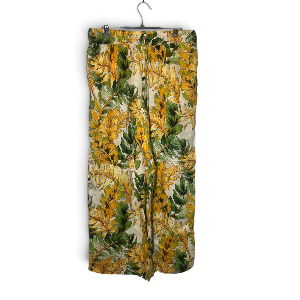 Tahari Womens L 100% Linen Tropical Floral Wide Leg Pants Yellow Green High Rise - Picture 2 of 7